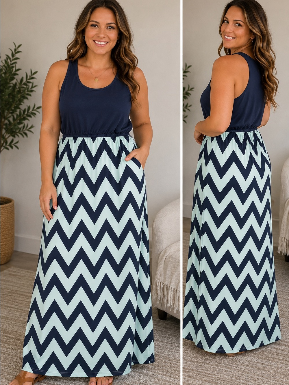 Demetory Women’s Maxi Dress Blue Mint Chevron Sleeveless Empire Waist Size L